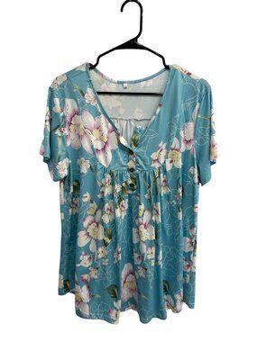 Floral Turquoise Short Sleeve 14W Top Button Detail Floralcore Gardencore